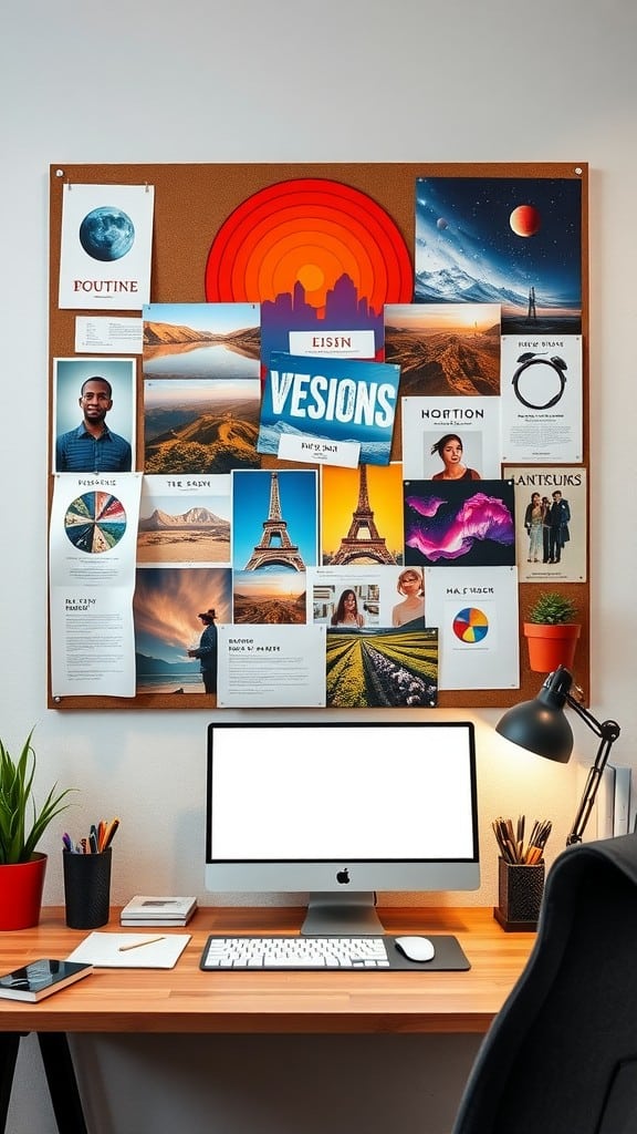 A mood board filled with images and notes above a desk with a computer and desk plants.