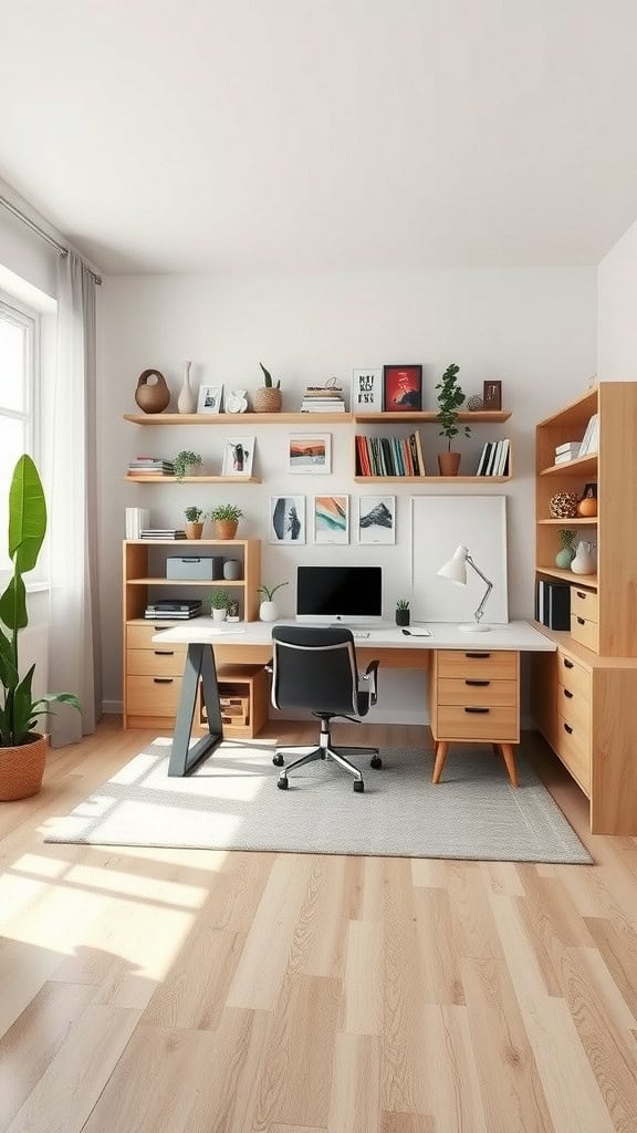 Bright home office with a desk in the middle of the room, surrounded by shelves and plants.