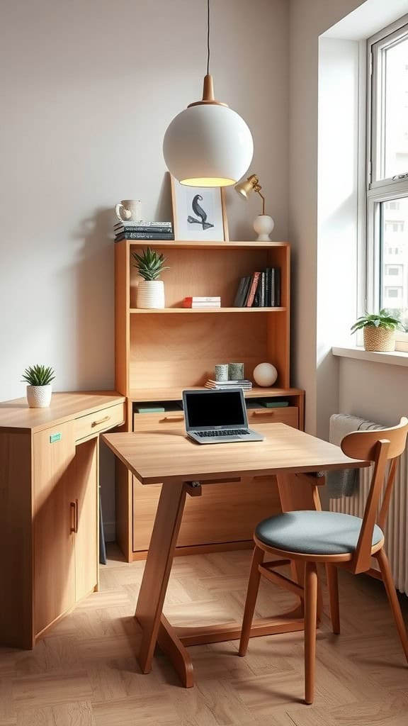 A cozy small home office featuring a compact wooden desk, a chair, and a shelf with plants and books.