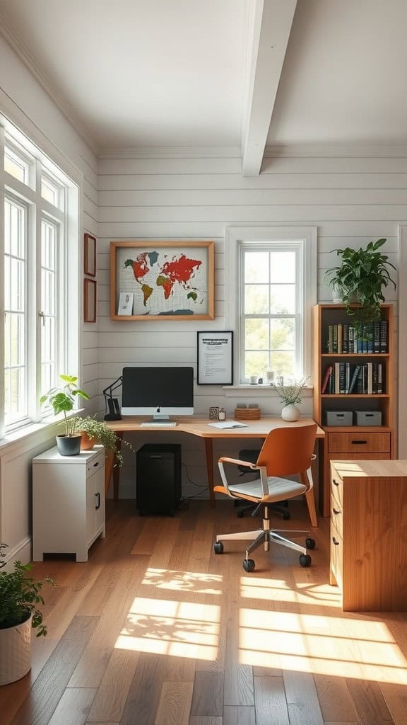 A cozy home office with a minimalist design, featuring a desk, computer, and plants.