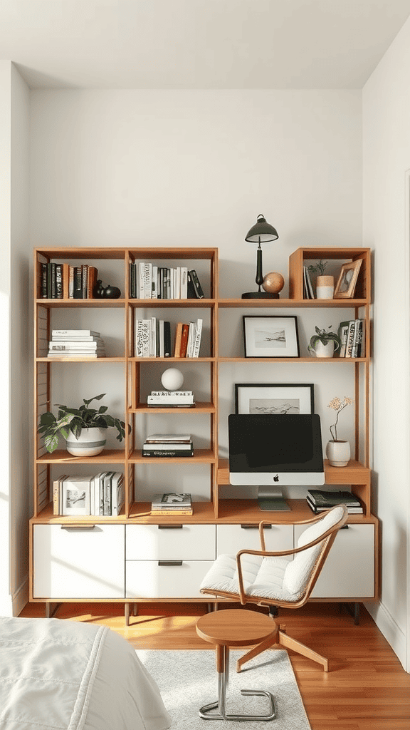 A modern, multi-functional shelving unit featuring books, plants, a computer, and stylish decor in a guest room.