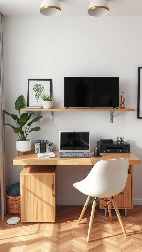 A modern home office featuring a wooden desk with a laptop, a plant, and a wall-mounted TV.