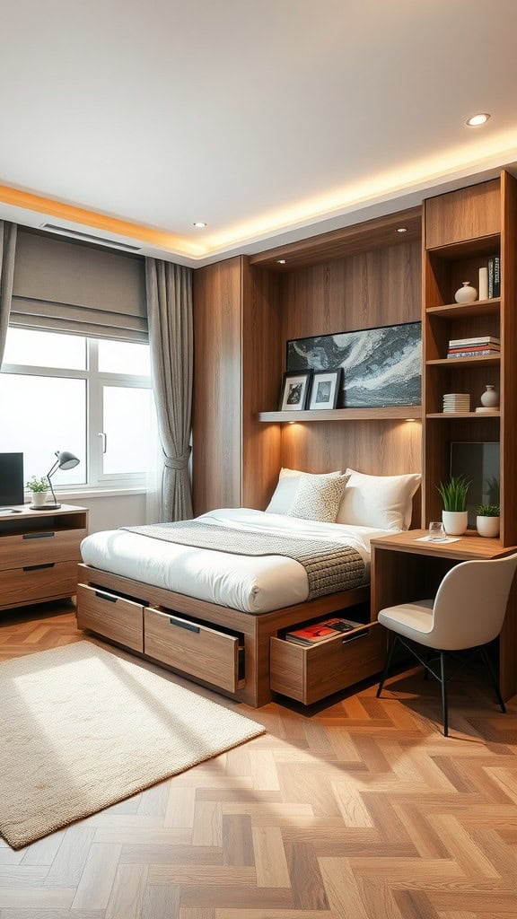 A cozy adult bedroom with multifunctional furniture, featuring a bed with storage drawers and a desk.