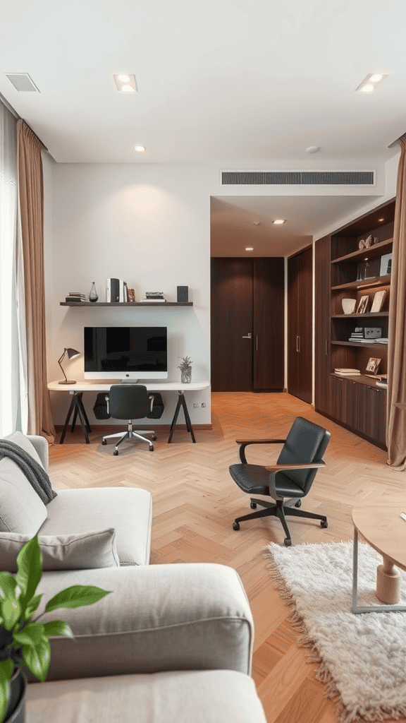 A modern living space featuring a workspace with a desk and an armchair, showcasing a blend of comfort and functionality.