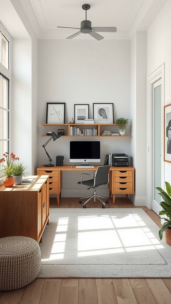 A bright multifunctional workspace with a wooden desk, chair, and decorative shelves.