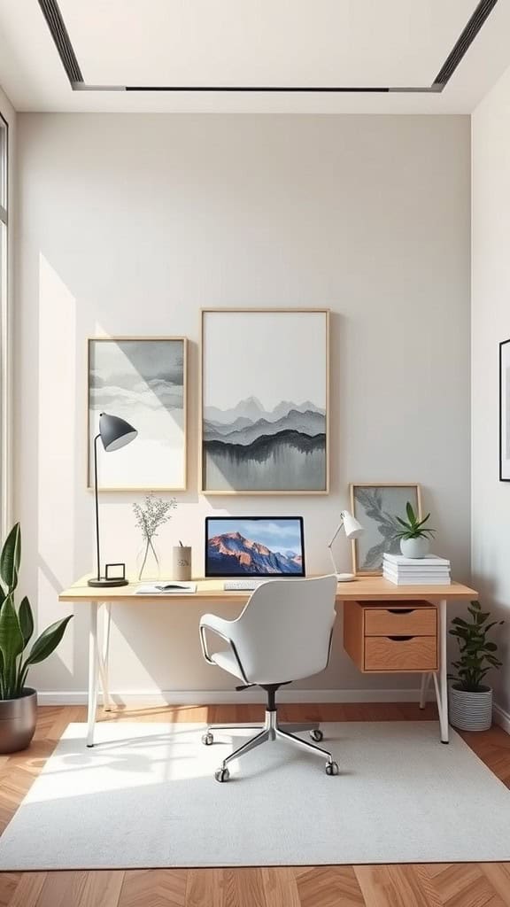 Cozy home office with muted abstract art on the walls and a modern desk setup.