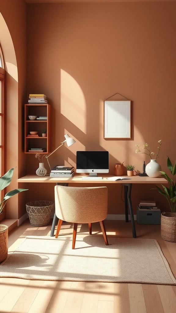 A cozy home office with muted clay walls, a wooden desk, and a comfortable chair.