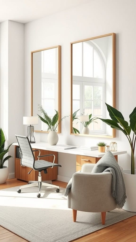 Cozy home office with natural light-enhancing mirrors and neutral frames.