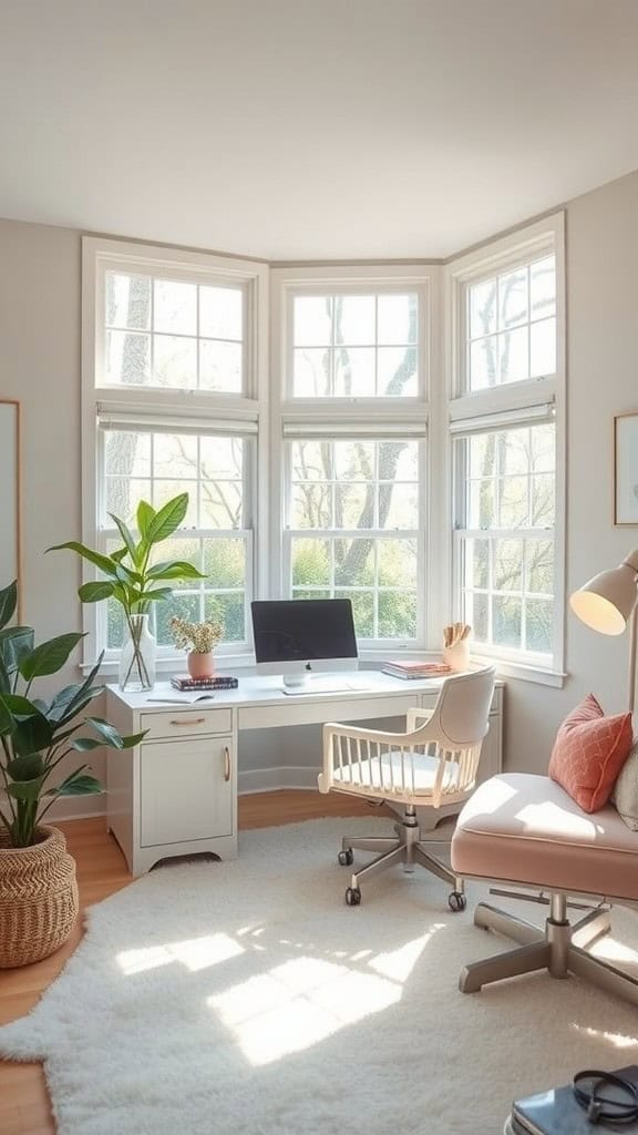 Bright feminine office with large windows and natural light