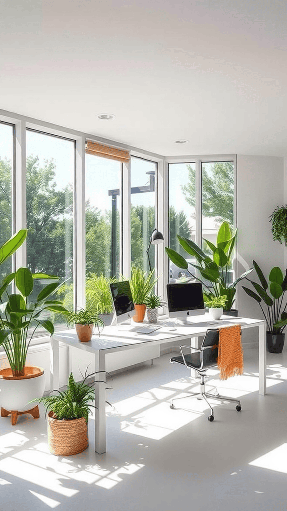 Bright and airy office space with large windows and indoor plants.