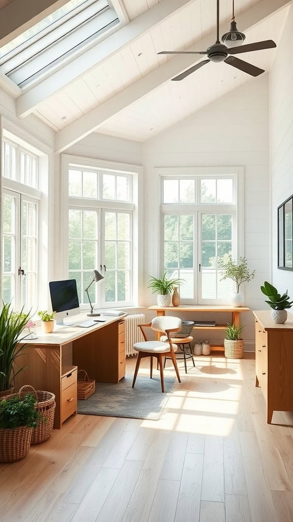 Bright and airy home office with large windows and minimalist decor