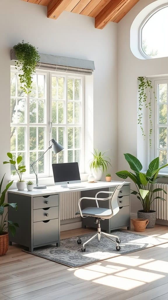 A bright office with large windows, plants, and a modern desk.