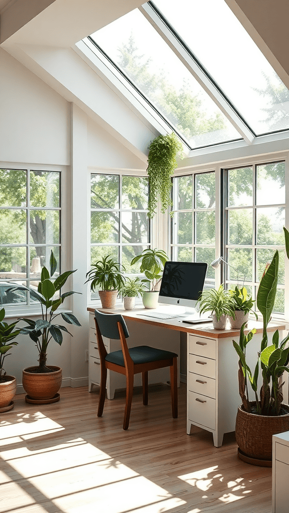 A bright workspace with a desk, computer, and various plants, showcasing natural light through large windows.