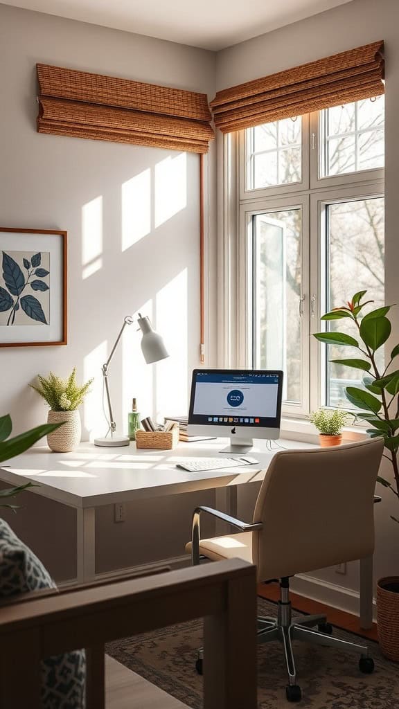 A bright and inviting workspace with large windows, natural light, and plants.