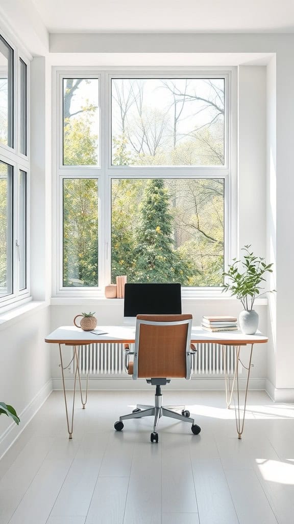 A minimalist home office with large windows letting in natural light and a view of greenery outside.