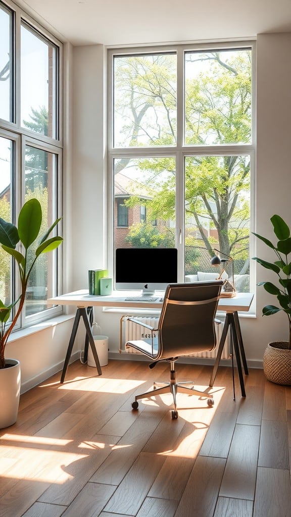 A bright and modern home office with large windows, a white desk, and indoor plants.