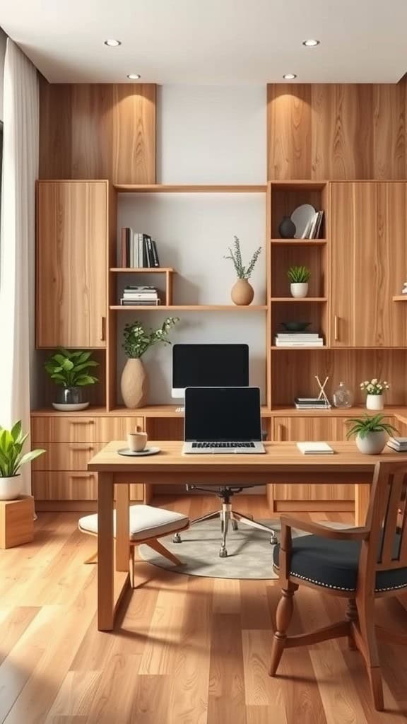 A warm, inviting home office featuring natural wood finishes and minimalist decor.