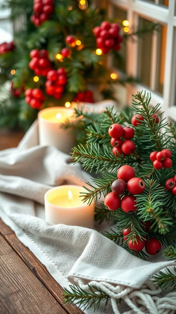 Decorative arrangement of evergreen branches, red berries, and candles.