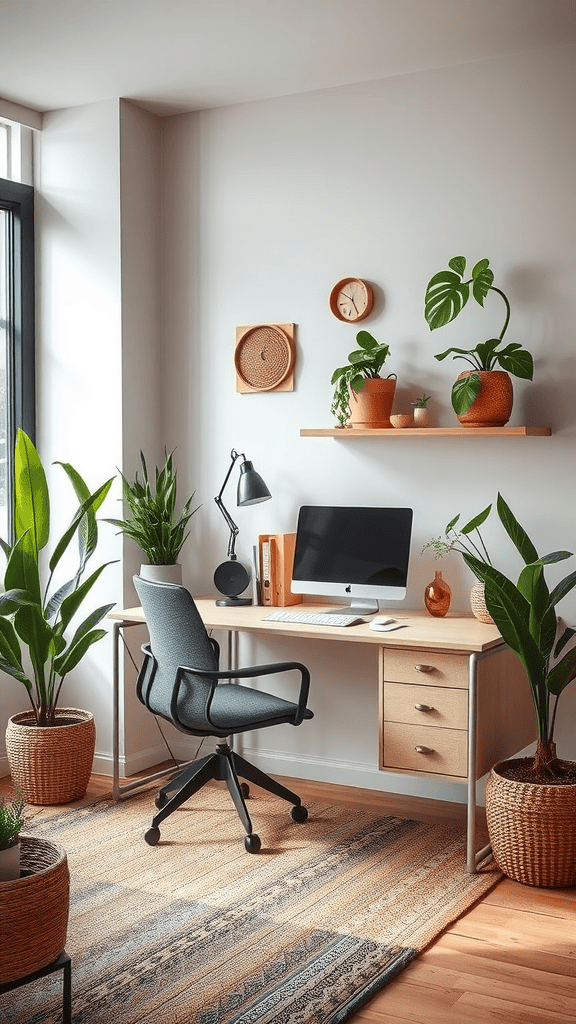 A cozy workspace featuring plants, a computer, and natural decor elements.