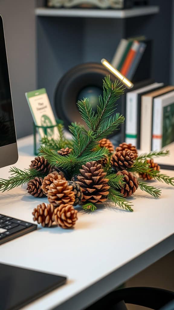 A decorative arrangement of pine cones and greenery on a desk