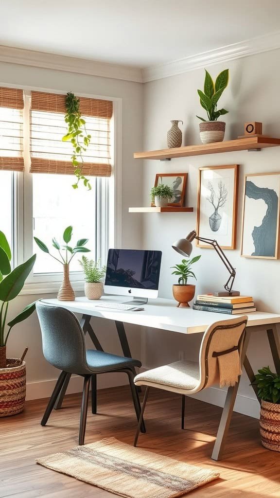 Cozy home office with plants, a computer, and warm lighting.