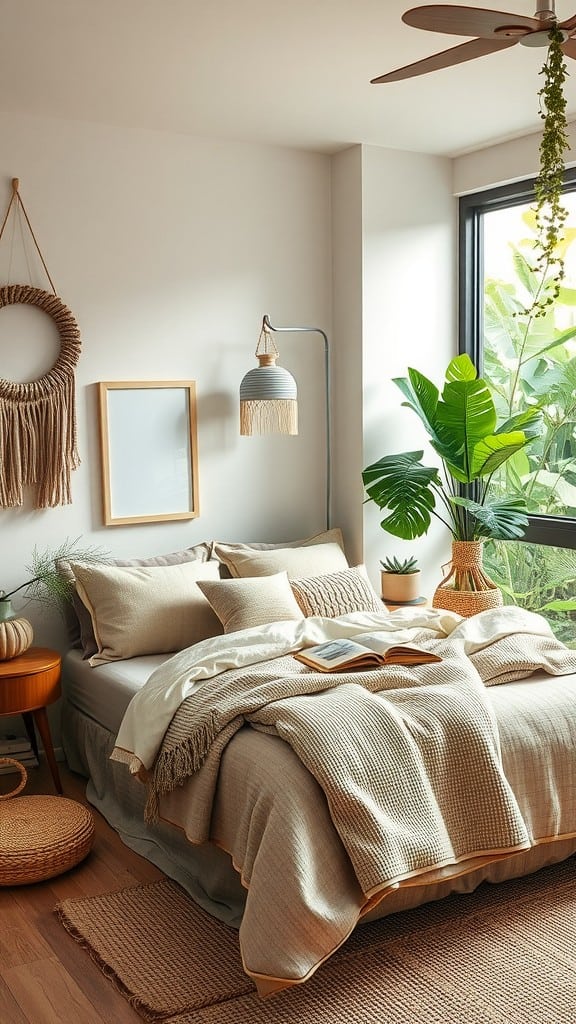 Cozy bedroom with plants, soft bedding, and natural decor