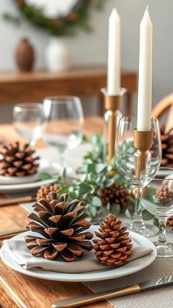 A nature-inspired table setting featuring pinecones, candles, and greenery.