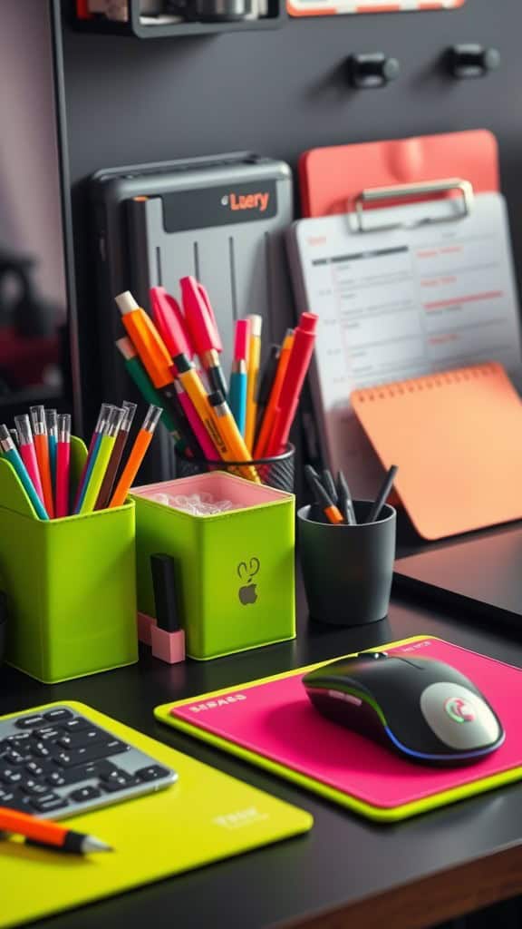 A neon-themed office workspace with colorful stationery, a mouse, and a calculator.