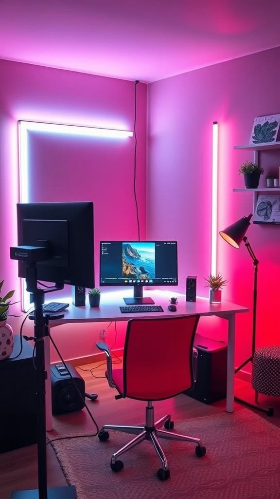 A modern workspace with pink walls and neon lights, featuring a computer desk, chair, and plants.