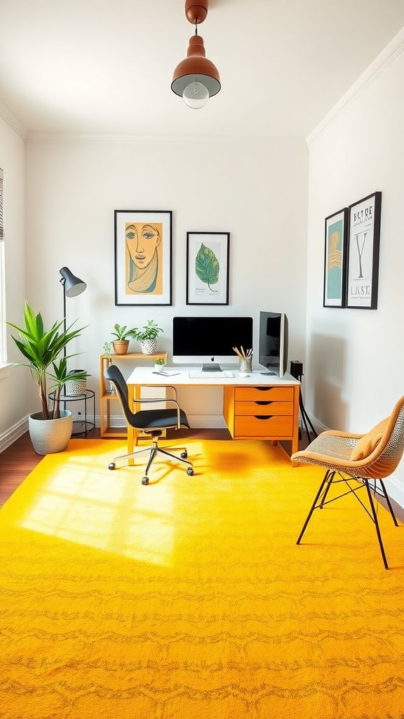 A bright yellow carpet in a stylish home office with a desk, plant, and artwork on the walls.