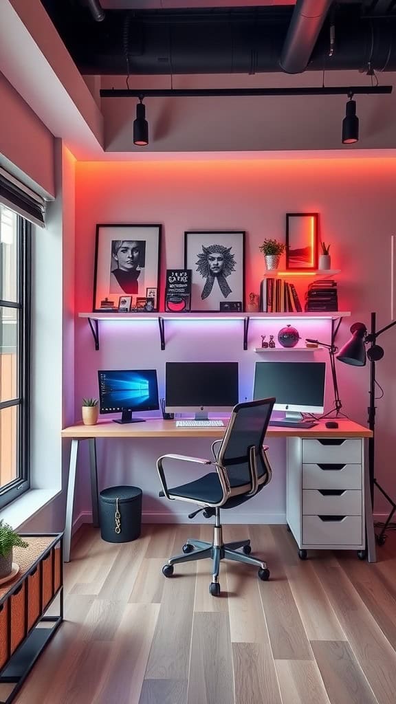 Home office with neon lighting, organized desk, and stylish decor.