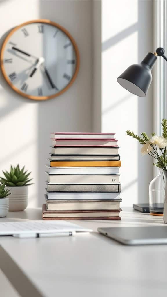 A stack of neutral-colored books arranged symmetrically on a desk in a minimalist home office.