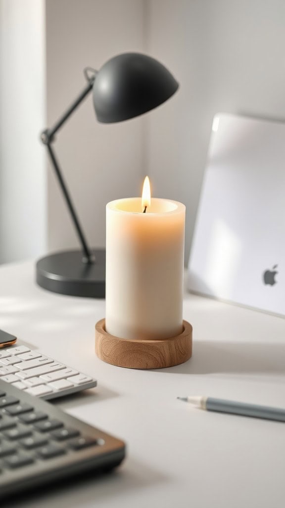 A lit candle on a desk in a home office setting.