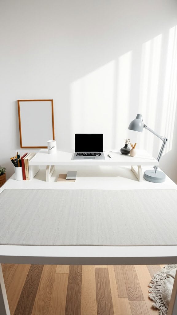 A minimalist home office setup featuring a neutral desk mat, laptop, and stationery.