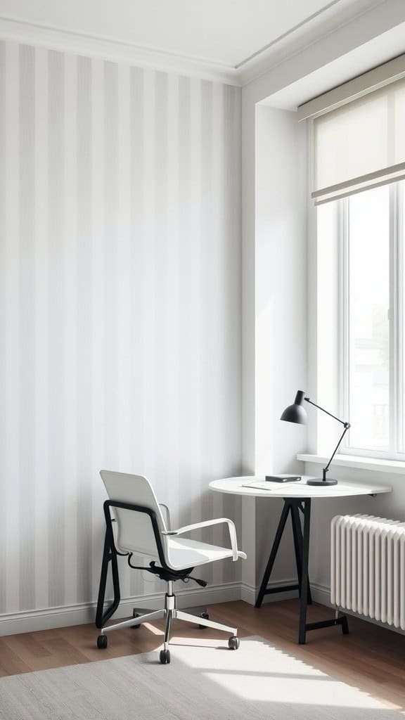 A minimalist home office with a striped wall, a desk, a chair, and a lamp.