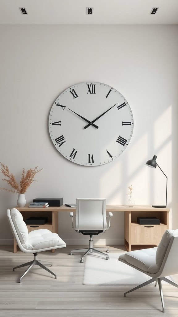 A minimalist home office featuring a large neutral wall clock, sleek furniture, and a calm color palette.