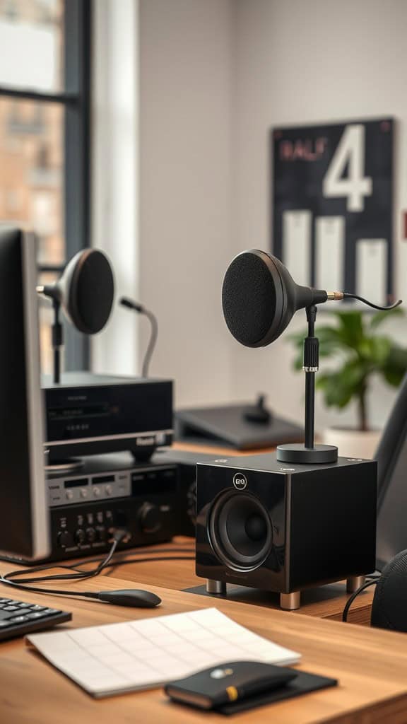 Sleek audio setup with microphones and a subwoofer on a wooden desk.