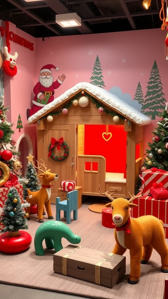 A festive North Pole-themed play area with playful decorations, reindeer, a small house, and Christmas trees.