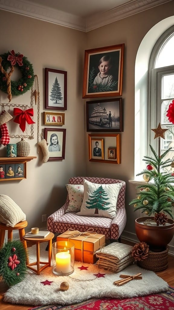 A cozy corner decorated for Christmas with minimalistic decor, a soft rug, framed photos, and a small tree.