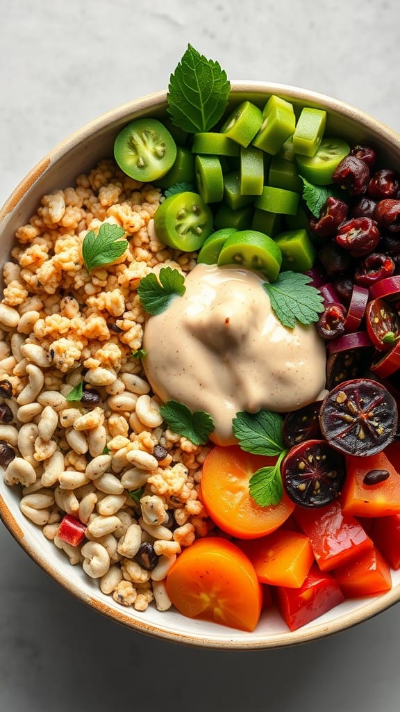 A vibrant and colorful Buddha bowl filled with grains, vegetables, and creamy dressing.