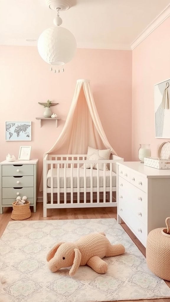 A beautifully designed nursery featuring a crib with a canopy, plush elephant toy on the rug, and soft pink walls.