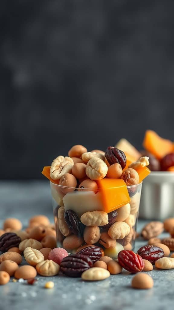 A cup filled with a variety of nuts and dried fruits, with some scattered around.