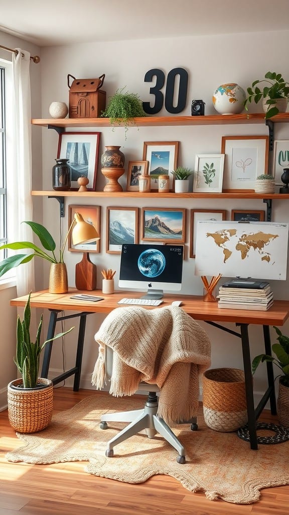 A modern home office with shelves displaying art, plants, and decorative items, featuring a desk with a computer and a cozy chair.