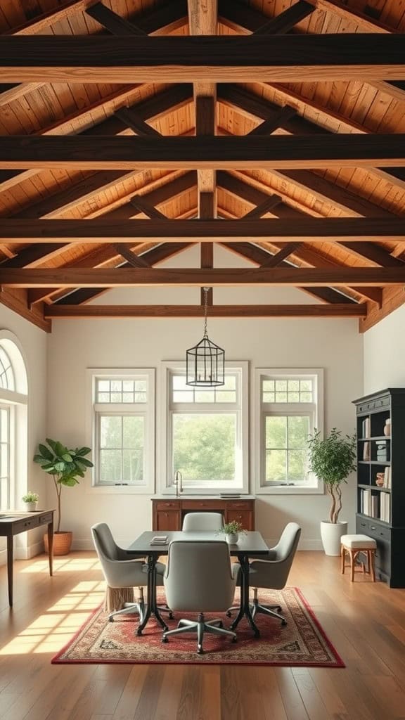 A spacious home office with open beam ceilings, large windows, and a cozy decor.