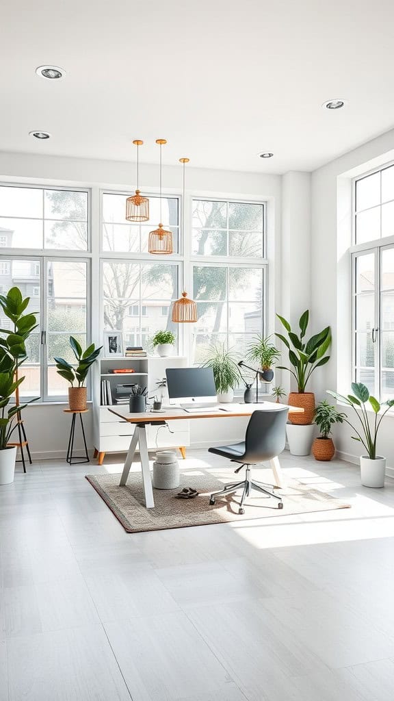 Bright open office space with a desk in the center surrounded by plants.