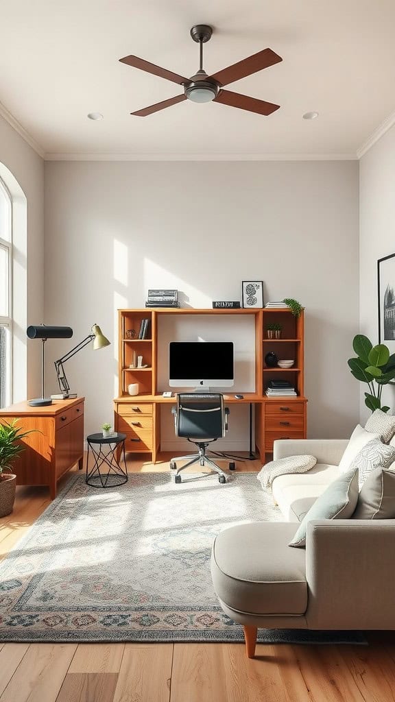 A bright home office featuring wooden furniture, a computer desk with an ergonomic chair, a cozy sofa, and indoor plants.