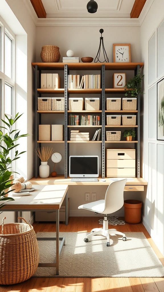 A bright home office featuring open shelving with neutral bins and a modern desk.