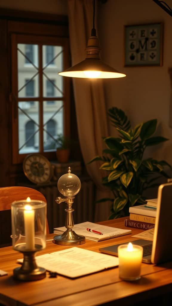 A cozy workspace with soft lighting, featuring a pendant lamp and candles on a wooden table.