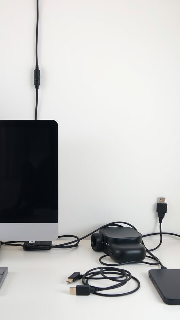 A workspace showing organized cables and electronic devices.