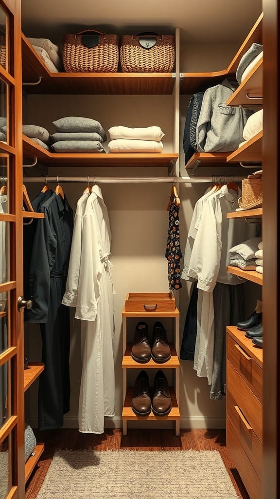 Organized closet with wooden shelves, folded clothes, and shoes, creating a cozy and minimalist vibe.